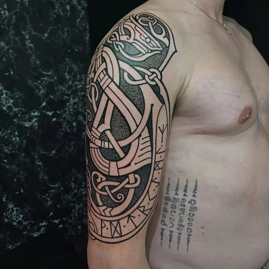 Big Viking Interlaced Dragons and Runes on Men Upper Arm Tattoo by @romain_buffenoir_tattoo