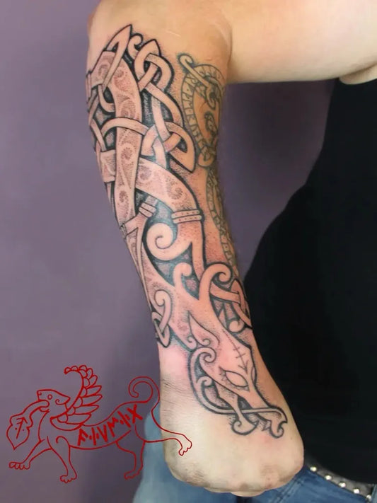 Big Viking Knotwork Wolf on Women Arm Tattoo by @fiumixvenetkenstattoo