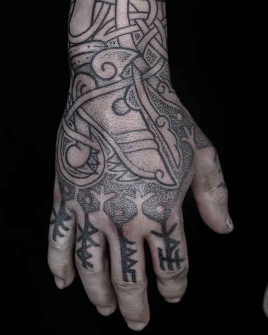 Big Viking Knotwork and Runes on Men Hand Tattoo by @morrigantattooartist