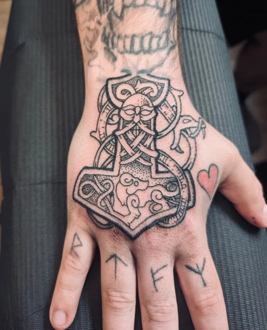 Big Viking Mjolnir Serpents Runes on Men Hand Tattoo by @louistherrien_tattoo
