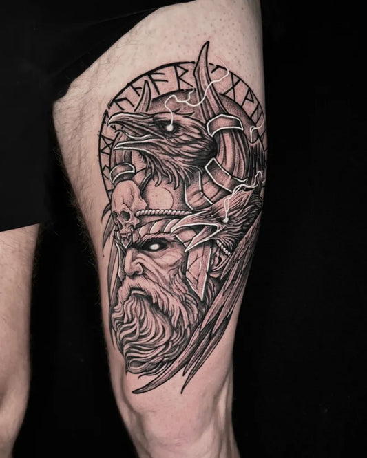 Big Viking Odin Raven Runes on Men Thigh Tattoo by @marcos_tattoo_art