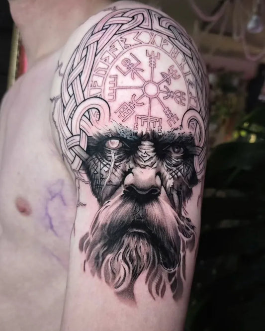 Big Viking Odin vegvisir bearded face on Men Shoulder Tattoo by @antbatetattoos