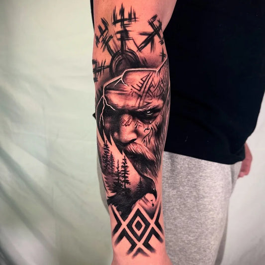 Big Viking Odin with Raven and Runes on Men Arm Tattoo by @jdickersontattoos
