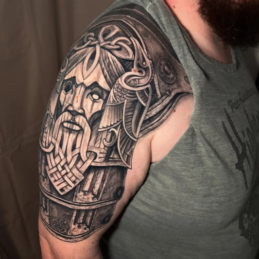 Big Viking Odin with Ravens and Celtic Armor on Men Arm Tattoo by @tay.griff