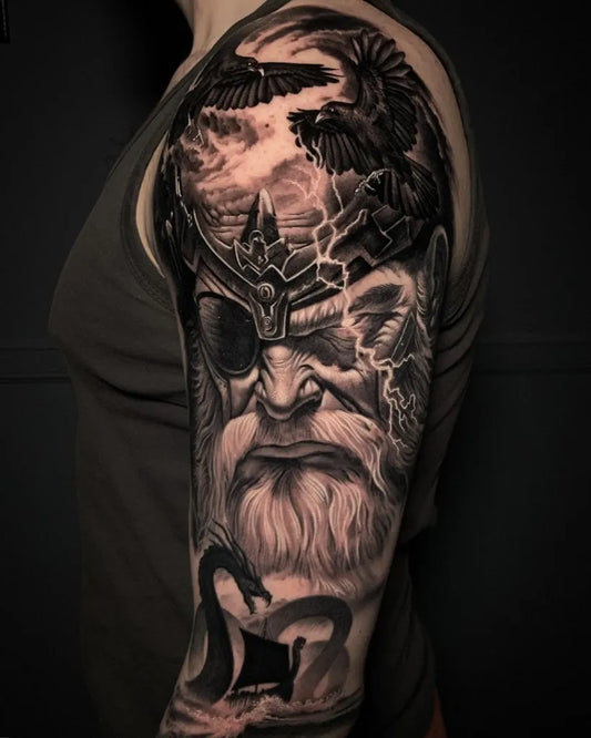 Big Viking Odin with Ravens and Dragon on Women Arm Tattoo by @elaugurio