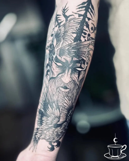 Big Viking Odin with Ravens and Trees on Men Arm Tattoo by @tattooswithtea
