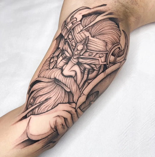 Big Viking Odin with Ravens on Men Arm Tattoo by @vinicius.oreia