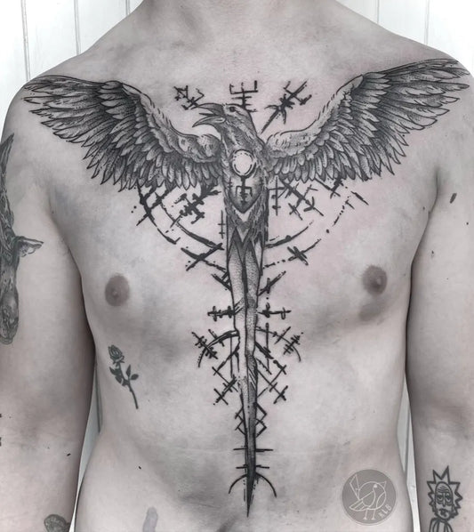 Big Viking Phoenix with Runes on Men Chest Tattoo by @robynlynboschart