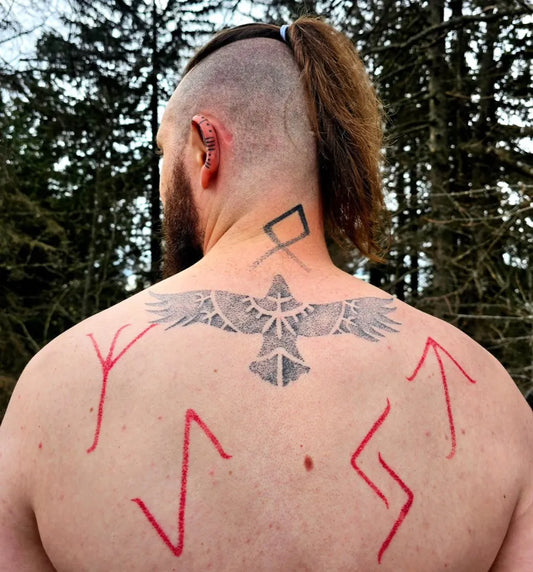 Big Viking Raven Runes on Men Back Tattoo by @gabi.besac