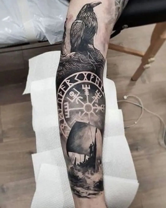 Big Viking Raven Vegvisir Ship on Men Arm Tattoo by @norsespirit