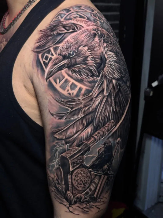Big Viking Raven with Celtic Knot and Rune Stone on Men Shoulder Tattoo by @cleopatraink.phoenix