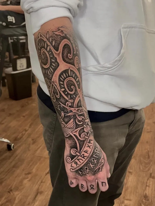 Big Viking Runes Valknut Birds on Men Arm Tattoo by @viniciusveronez.ink