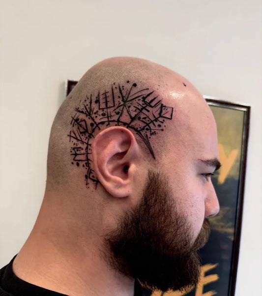 Big Viking Runes and Geometric Pattern on Men Head Tattoo by @onurturhantattoo