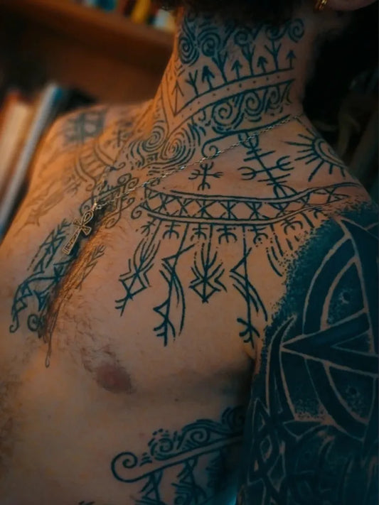 Big Viking Runes and Geometric Patterns on Men Neck Tattoo by @dyrmaor