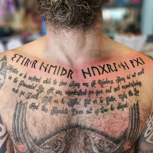 Big Viking Runic Text and Symbols on Men Back Tattoo by @benji_colohan_tattooer