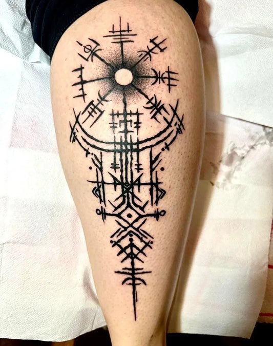 Big Viking Runic Vegvisir Tattoo on Men Leg by @wicked_13_ink