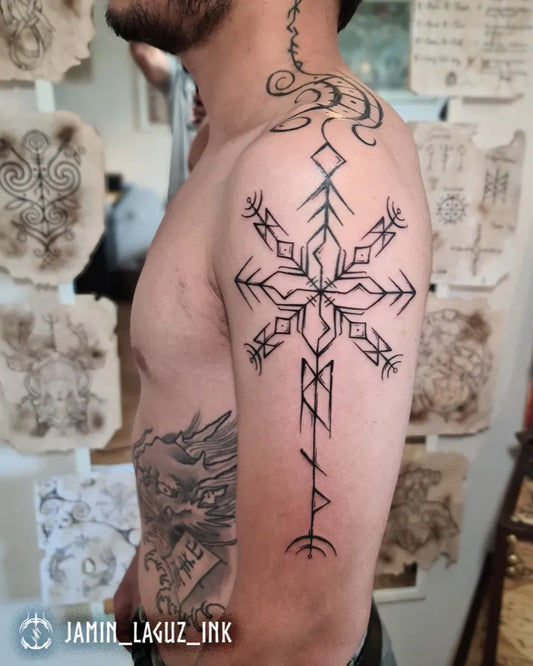 Big Viking Snowflake and Runes on Men Arm Tattoo by @jamin_laguz_ink