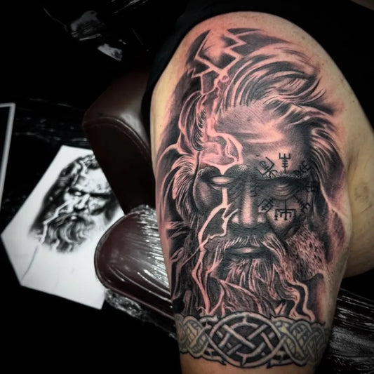 Big Viking Thor with runes on Men Arm Tattoo by @jp_tattooist