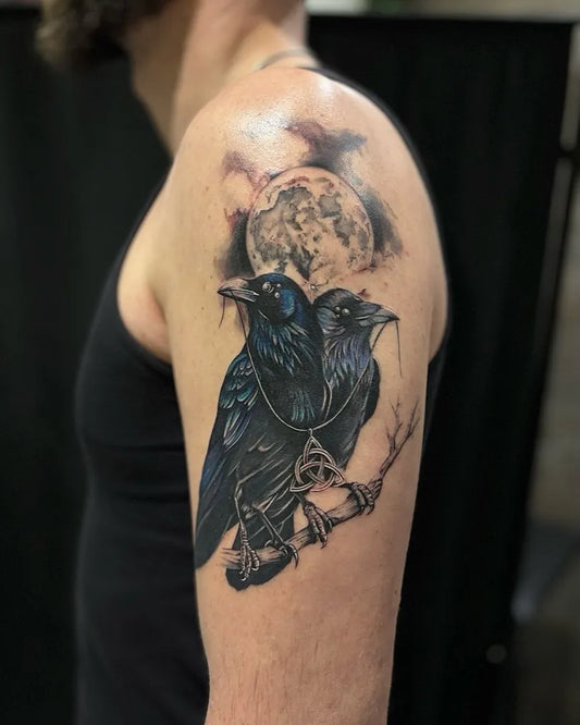 Big Viking Two Ravens and Moon on Men Shoulder Tattoo by @nebuleusetattoo