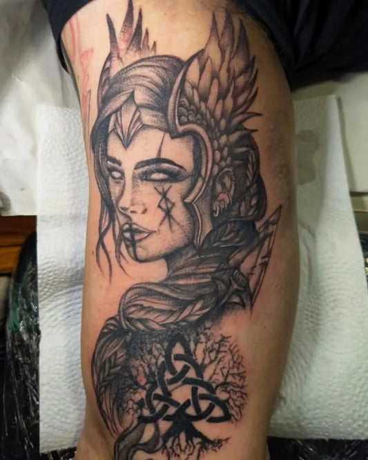 Big Viking Valkyrie with Runes and Celtic Tree on Men Thigh Tattoo by @su_tattoo_ink