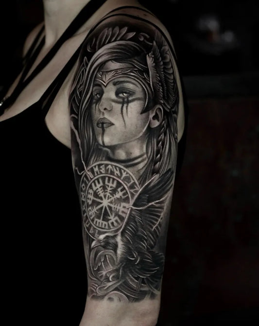 Big Viking Valkyrie with Vegvisir and Raven on Women Arm Tattoo by @stefan_tattoo_