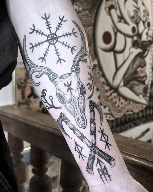 Big Viking Vegvisir Deer Skull Axes on Men Arm Tattoo by @evergreen.tattoo