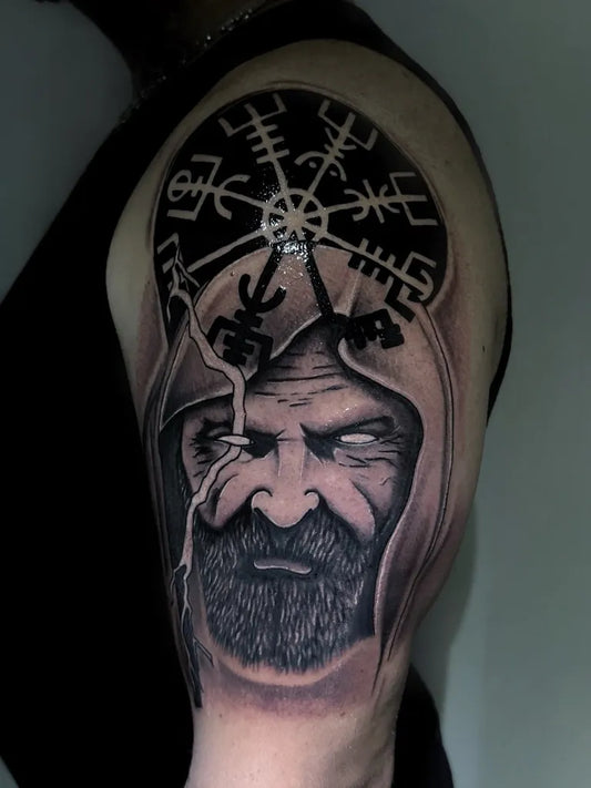 Big Viking Vegvisir Hooded Man on Men Shoulder Tattoo by @tat2pablow