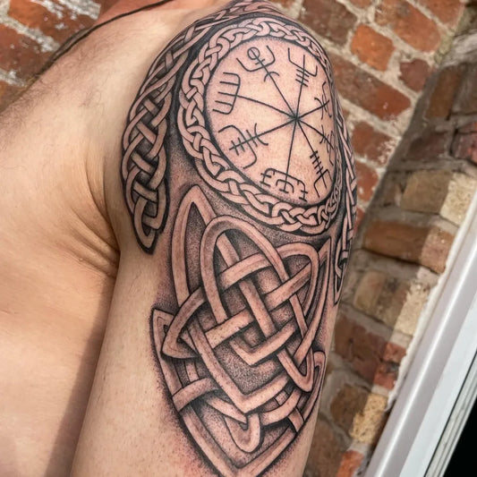 Big Viking Vegvisir Knot Work on Men Shoulder Tattoo by @holliemaytattooist