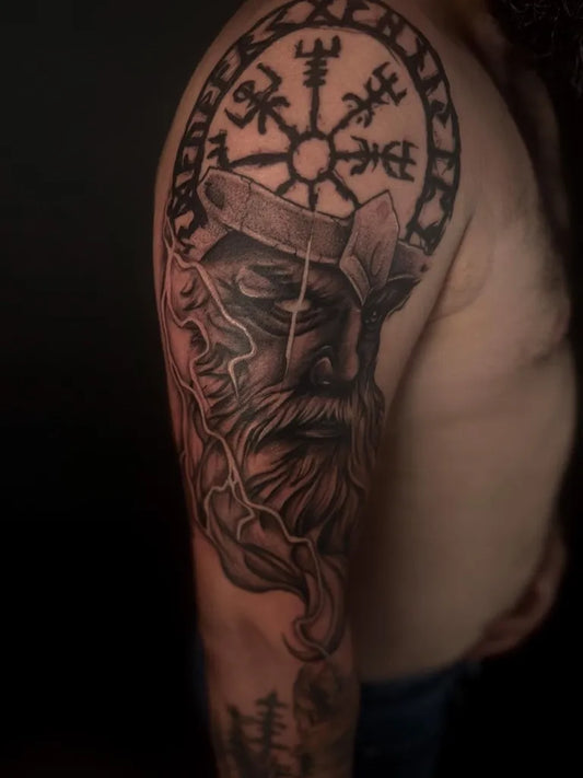 Big Viking Vegvisir Odin Portrait on Men Arm Tattoo by @daieme_