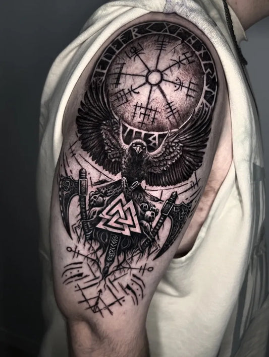 Big Viking Vegvisir Raven Valknut on Men Arm Tattoo by @alexgonzaleztattoo