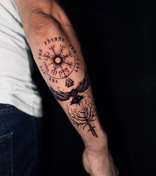 Big Viking Vegvisir Raven Yggdrasil Tree on Men Arm Tattoo by @lua_tattoo_artist