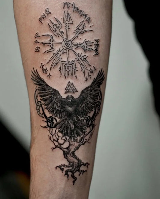 Big Viking Vegvisir Raven Yggdrasil on Men Arm Tattoo by @shinnyeong_tattoo
