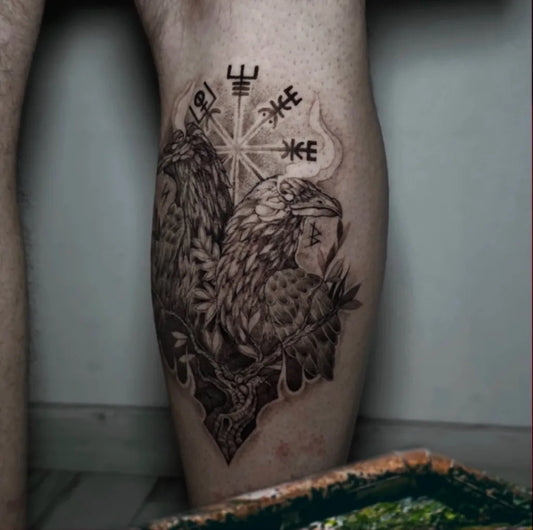 Big Viking Vegvisir Ravens on Men Leg Tattoo by @xperiencevalladolid