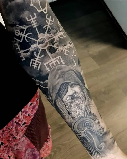 Big Viking Vegvisir Rune Hooded Elder Dragon on Men Arm Tattoo by @viking.age