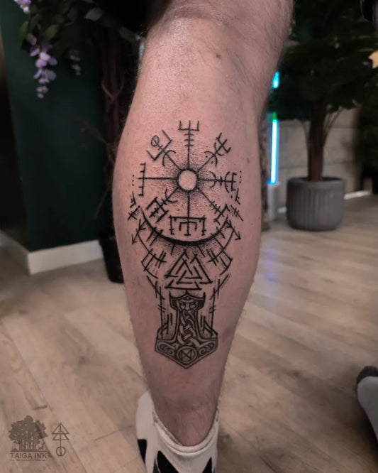 Big Viking Vegvisir Rune Mjolnir on Men Leg Tattoo by @taigaink
