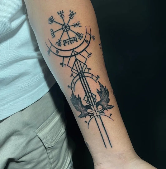 Big Viking Vegvisir Runes Ravens on Men Arm Tattoo by @rockytattoo.art