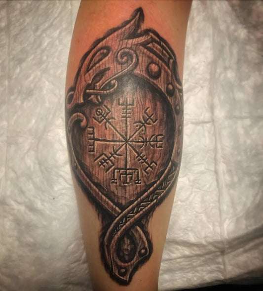 Big Viking Vegvisir Shield Tattoo on Men Leg by @jannickewiesehansen