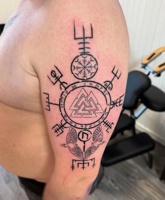 Big Viking Vegvisir Valknut Ravens on Men Arm Tattoo by @danielwohner_tattoo