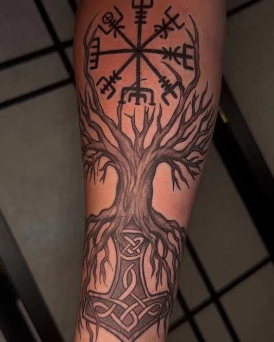 Big Viking Vegvisir Yggdrasil Mjolnir on Men Arm Tattoo by @jeorgewithaj