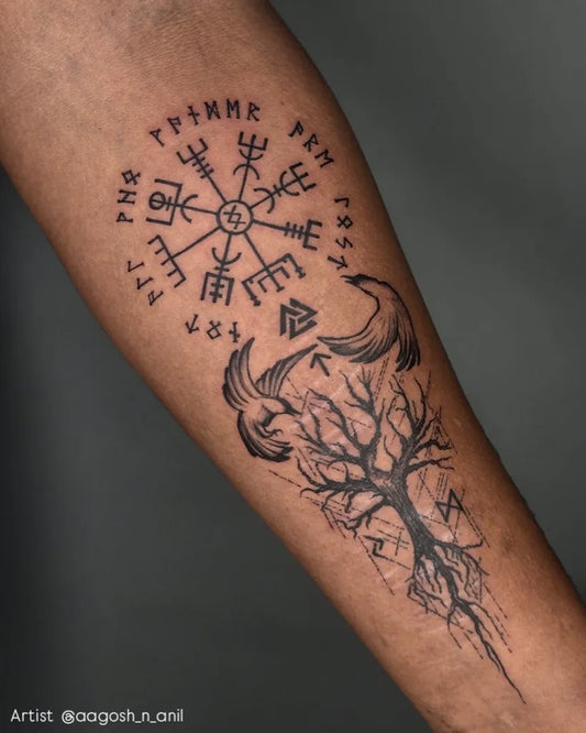 Big Viking Vegvisir Yggdrasil Ravens on Men Arm Tattoo by @n0mad_ink_tattoo