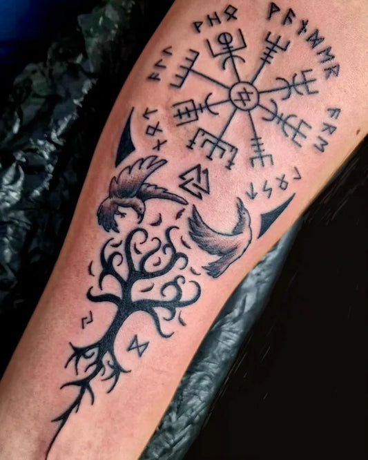 Big Viking Vegvisir Yggdrasil Ravens on Men Arm Tattoo by @tattoo_era