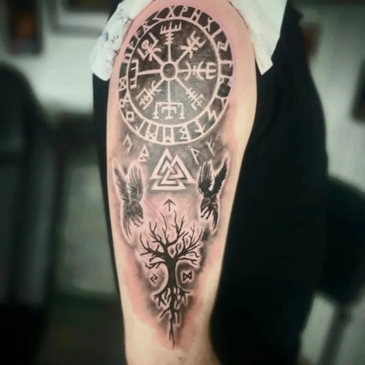 Big Viking Vegvisir Yggdrasil Valknut on Women Arm Tattoo by @handsomedevils_club
