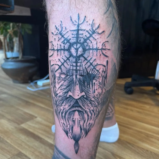 Big Viking Vegvisir and Bearded Man on Men Leg Tattoo by @inkcouture