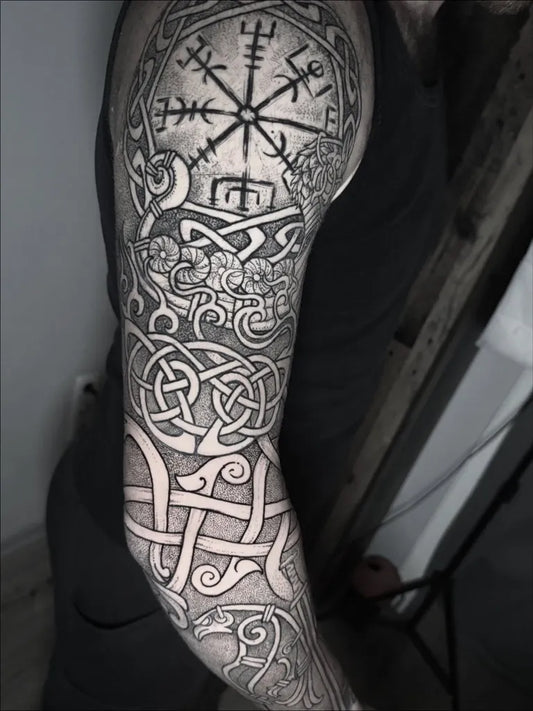 Big Viking Vegvisir and Celtic Knots on Men Arm Tattoo by @romans_tattoo_cologne