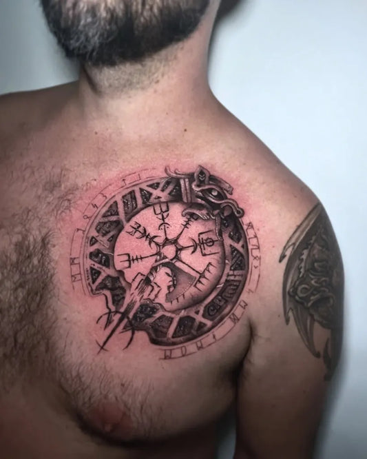 Big Viking Vegvisir and Ouroboros on Men Chest Tattoo by @inmome_tattoo