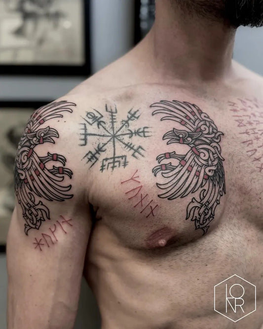 Big Viking Vegvisir and Ravens on Men Chest Tattoo by @northernlonr