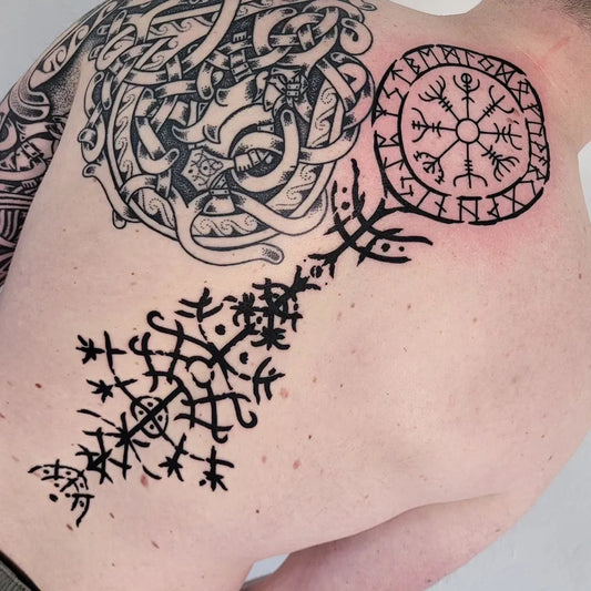 Big Viking Vegvisir and Runes Tattoo on Men Back by @argundir_tattoo