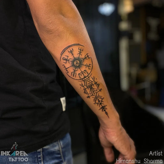 Big Viking Vegvisir and Runes on Men Arm Tattoo by @ink_area_tattoo