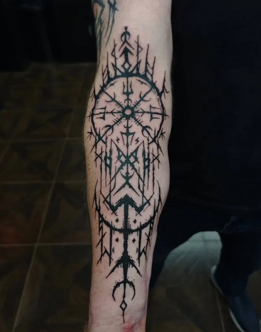 Big Viking Vegvisir and runes on Men Arm Tattoo by @rushil.ink