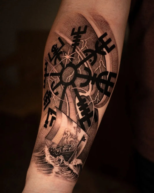 Big Viking Vegvisir rune and Viking ship on Men Arm Tattoo by @thegyetvanshow